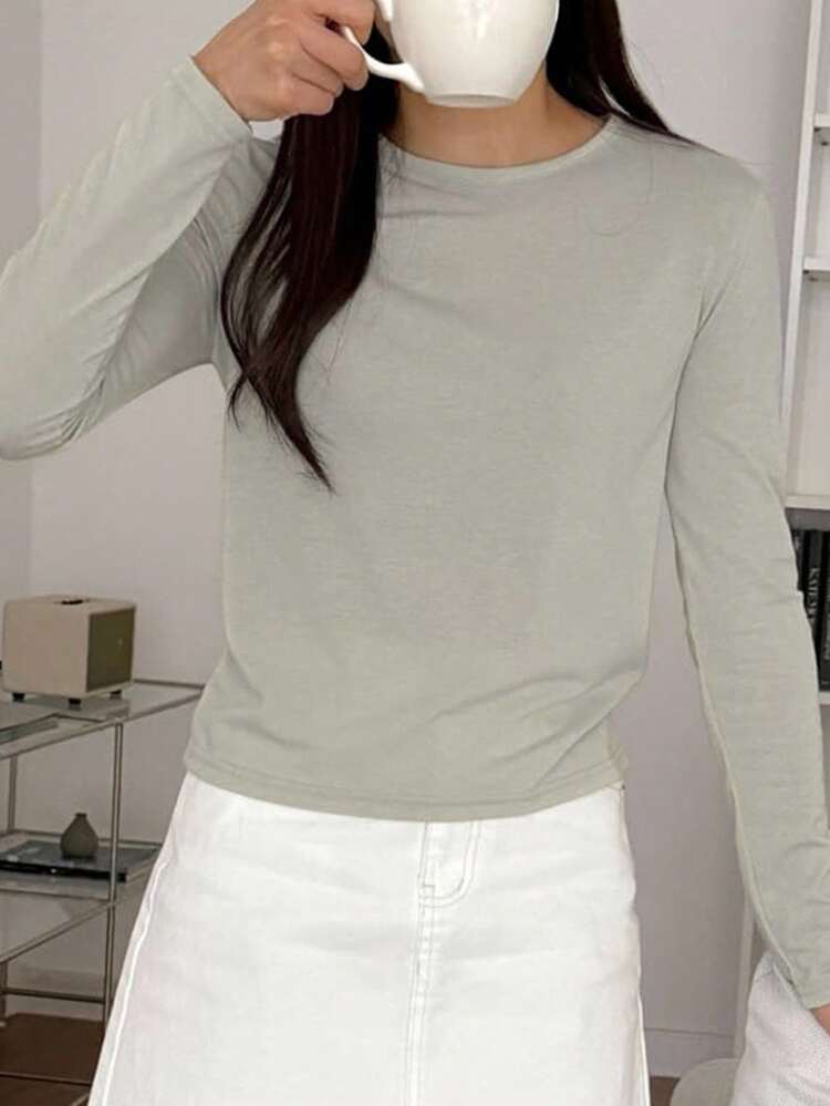 Women's Solid Color Round Neck Long Sleeve Undershirt, Autumn