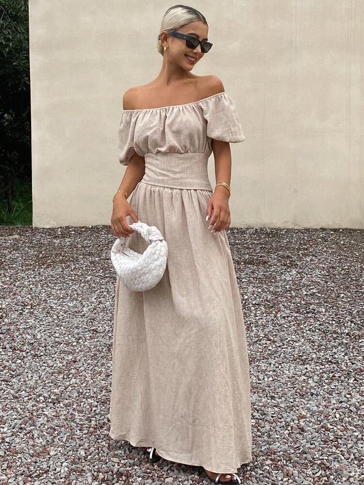 Women's Solid Color Square Neck Short Sleeve Top And Skirt 2 Pieces Set