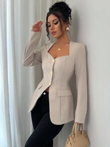 Siren Gaze Women's Solid Color Minimalist Long Sleeve Blazer, Casual Everyday Wear, Fall Women,Back To School,Country Concert, Business Casual Woman, Teacher For Women,Date Night Women ,Birthday ,Brunch For Women,Western Women Wear ,Business Casual Woman Winter Elegant - Apricot - View 5
