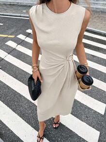 Serisse Váy midi không tay thắt nút xoắn màu trơn dành cho nữ - Màu be - Xem 7