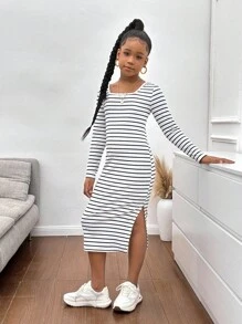 青少年女孩条纹长袖针织贴身中长连衣裙，休闲时尚百搭街头服饰 - 黑與白 - 查看 3