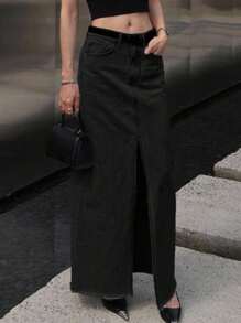 Strévra 女士休闲侧开衩长款牛仔裙，带口袋