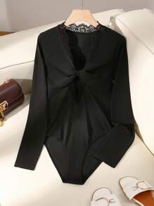 Airlisse 万圣节优雅性感扭纹蕾丝花边紧身衣，适合通勤，秋季黑色蕾丝紧身衣女紧身衣女式长袖紧身衣