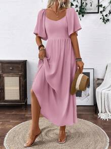 SHEIN LUNE Clasi Breezaya 女式淡蓝色波西米亚风方形优雅领口浪漫毕业生日礼服音乐会服装海滩女士服装泡泡袖露背蝴蝶结连衣裙带蝴蝶结春夏超长度假柔软面料荷叶边袖长裙 - 粉色 - 查看 7
