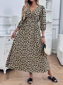 SHEIN LUNE Vestido midi con estampado de leopardo y lazo delantero para mujer - Multicolor - Ver 7