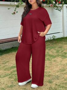 SHEIN EZwear 红色加大码女式字母印花落肩T恤和阔腿裤宽松两件套，春夏 - 紅色 - 查看 5
