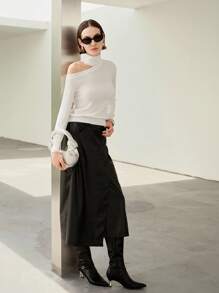 Uhlyne Uhlyne Pull en tricot blanc minimaliste, élégant et polyvalent pour femmes. Col montant asymétrique, ajusté. Idéal pour le bureau, l'école, l'automne. Tenue de travail modeste et neutre en tricot tout blanc pour le printemps, l'automne et l'hiver. - Blanc - Voir 6