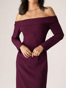 Modelyn Women's Burgundy Elegant Off Shoulder Long Sleeve Ruffle Mid-Length Dress,Autumn Dining Party Wear,Solid Color Knitted Strappy Shirt Dresses For Mom - Brown - View 6