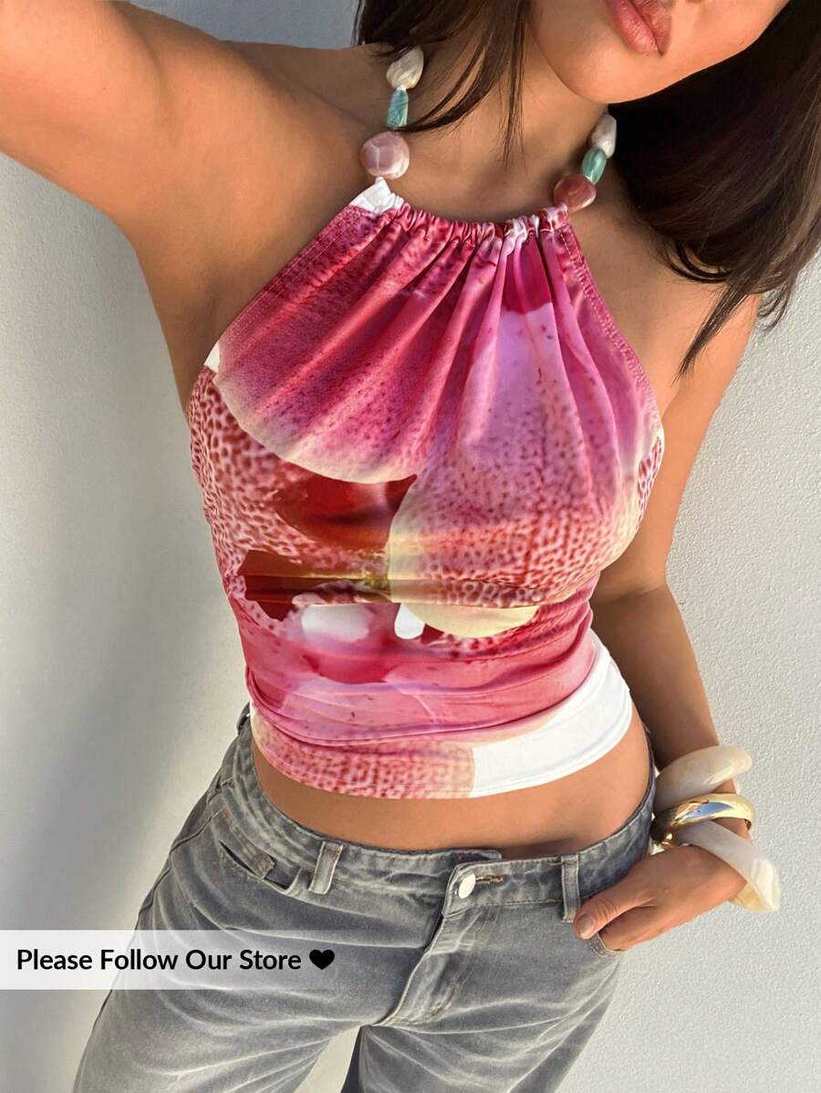 Aloruh Women's Sexy Beaded Halter Tie Slim Fit Backless Printed Crop Top