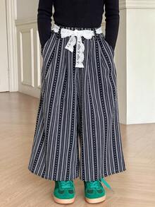 Dazy Kids Young Girl Casual Striped Wide Leg Pants With Belt - Apricot - View 5