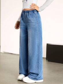 SHEIN Girl/Teen Girls' Full Elastic Waist Blue Denim Jeans