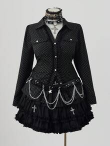 Sunspun Plus Size Polka Dot Long Sleeve Polo Collar Button Up Blouse, Slimming Fall Cloth For Women