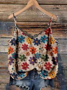 EMERY ROSE 加大码 V 领蕾丝拼布花卉图案夏季纯色优雅吊带背心，适合度假、约会、派对和时尚