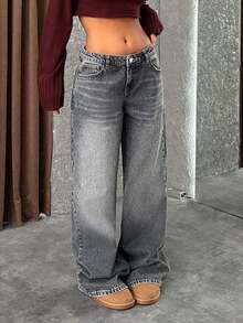 EURMUSE Dżinsy z niskim stanem i szerokimi nogawkami w stylu Y2K w kolorze szarym, wysokie