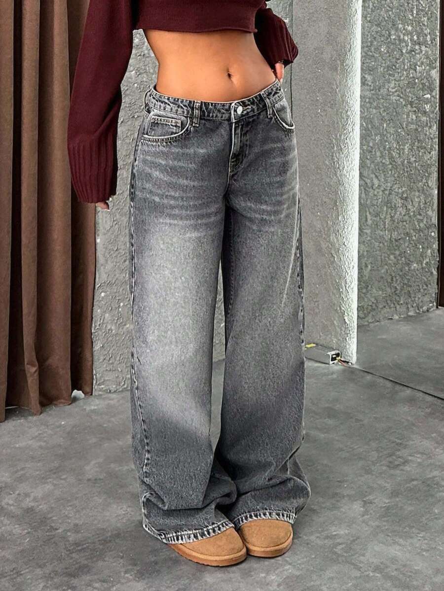 EURMUSE Dżinsy z niskim stanem i szerokimi nogawkami w stylu Y2K w kolorze szarym, wysokie