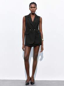 Maija 女士优雅浪漫婚礼宾客派对休闲商务通勤翻领无袖夹克和裙子套装黑色背心女式西装外套女式连衣裙 - 黑色 - 查看 3