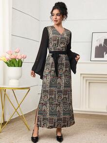 Yasmyna 喇叭袖雪纺长袖优雅亮片刺绣阿拉伯女式连衣裙 - 黑色 - 查看 3