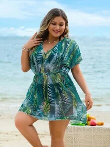 Swim Lushoire 大码女式随机印花V领短袖宽松休闲罩衫