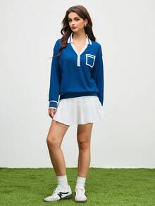 Cheerettes 女士休闲日常撞色运动 Polo 衫 - 藍色 - 查看 3