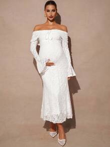 MaterniChic Maternity White Dress Autumn And Winter Maternity Solid Color Off Shoulder Flare Sleeve Lace Fitted Long Dress