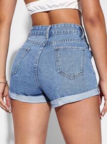 SHEIN Essnce Shorts en mezclilla bajo de doblez - Lavado ligero - Ver 2