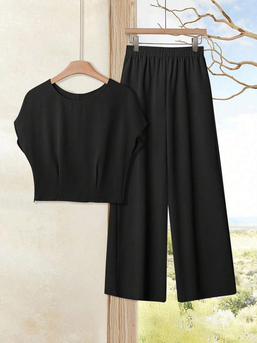 Rusticease 2 pièces Ensemble Top à manches chauve-souris et pantalon de couleur unie pour femmes. Ensemble deux pièces avec pantalon large. Ensemble décontracté deux pièces pour femmes. Tenue deux pièces pour femmes, AUTOMNE - Noir - Voir 1