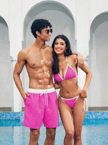 Manfinity VDAYZ Men's Contrast Color Drawstring Waist Casual Beach Shorts - Hot Pink - View 5