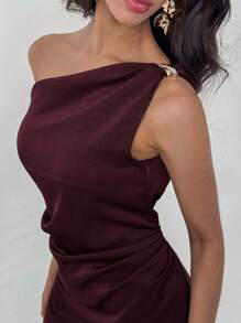 Aloruh 女士优雅鸡尾酒舞会婚礼宾客礼服音乐节音乐会节日通勤派对毕业礼服 Ankola 红色连衣裙勃艮第缎不对称领无袖长裙 - 紅木色 - 查看 8