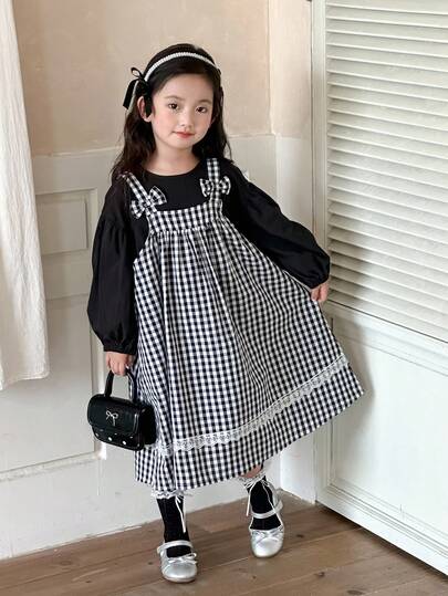 DAZY 两件套女童纯色休闲长袖T恤和格子吊带休闲中长连衣裙套装