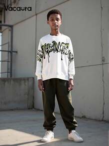 PAVTROS 2pcs/Set Tween Boys Fashion White Hoodie + Olive Green Pants, Green Print Design, Soft Fabric, Comfortable Casual Wear, Suitable For Spring Autumn, School & Outing Fall Winter