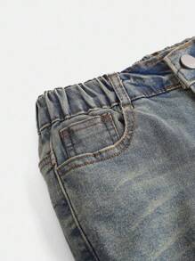 SHEIN Tween Girl Vintage Boho Urban Dark Wash Elastic Waist Stretchy Flare Jeans With Flat Pockets, Girls Daily OOTD Outfits, School, Campus, College