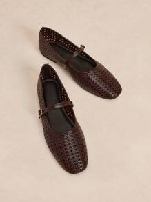 Rosivie 2025年夏季新款法式方头百搭黑色镂空编织带低帮透气舒适平底女鞋 - 棕色 - 查看 1