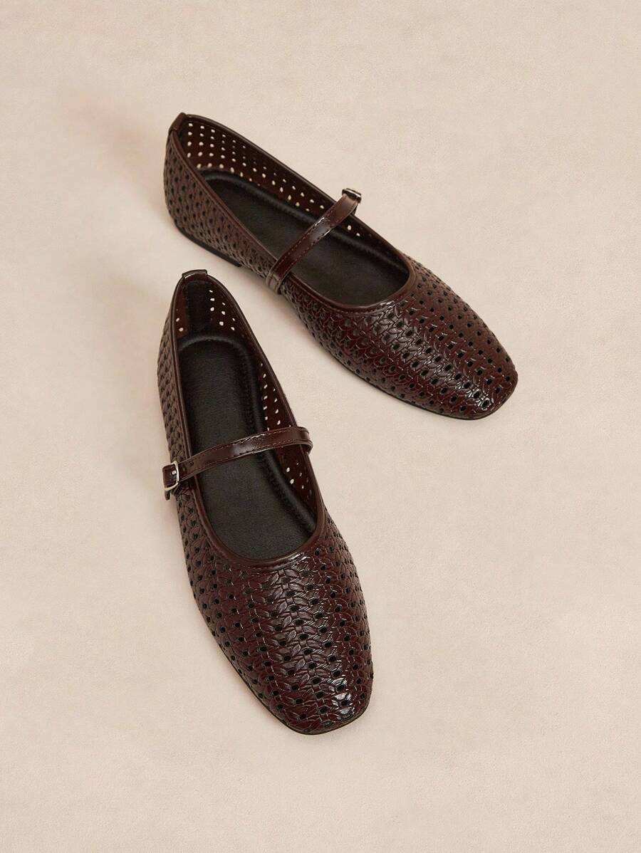 Rosivie 2025年夏季新款法式方头百搭黑色镂空编织带低帮透气舒适平底女鞋 - 棕色 - 查看 1