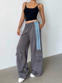 SHEIN BASICS بنطلون رياضي نسائي بلون أحادي مريح وفضفاض، خريف/شتاء - رمادي غامق - مشاهدة 3