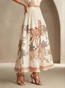 Anewsta 女士优雅热带植物印花 A 字中长裙，适合度假