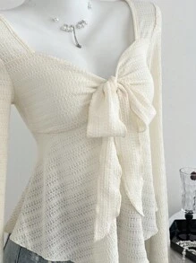 Elamini Women's V-Neck Long Sleeve T-Shirt, Tie Bow Textured Fabric, Slim Fit, Casual Vacation, Spring/Autumn Fall Cloth For Women - Apricot - View 5