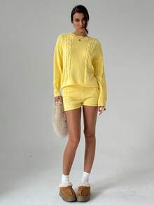 Aloruh Women's Twist Cable Pattern Drop Shoulder Long Sleeve Sweater And Knit Shorts Casual 2 Pieces Set In Fall/Winter - Yellow - View 3