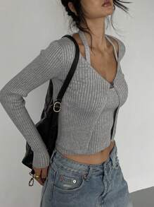 DAZY 2件套女士开衫和挂脖针织上衣套装秋季 - 灰色 - 查看 1