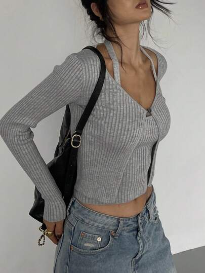 DAZY 2件套女士开衫和挂脖针织上衣套装秋季