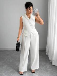 Elenzga 大码优雅荷叶边背心和裤子两件套，夏季 - 白色 - 查看 8