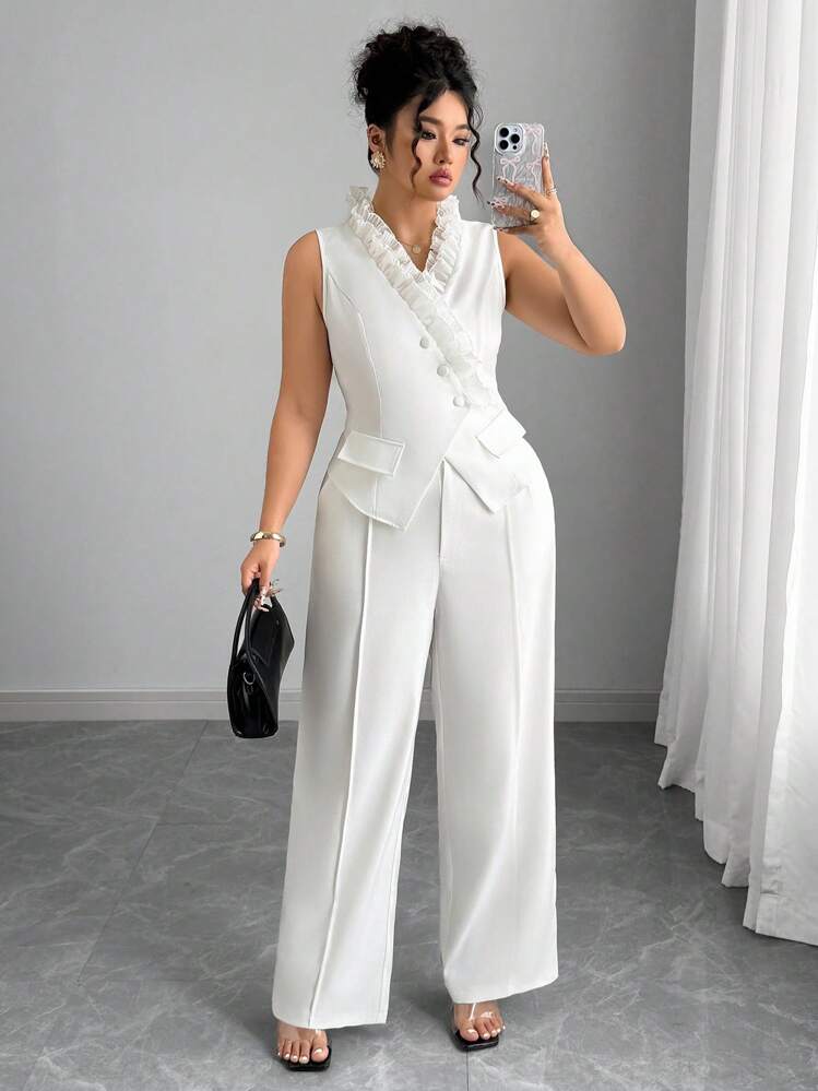 Elenzga Bộ 2 món áo vest và quần xếp nếp thanh lịch cỡ lớn, mùa hè - trắng - Xem 8