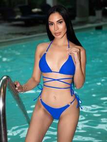 Carolina Barros Summer Beach Solid Bikini Set Criss Cross Triangle & Tie Side Bottom 2 Pieces Bathing Suit - Royal Blue - View 1