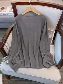 GlowEve CURVE 大码休闲纯色V领纽扣长袖开衫 - 灰色 - 查看 3