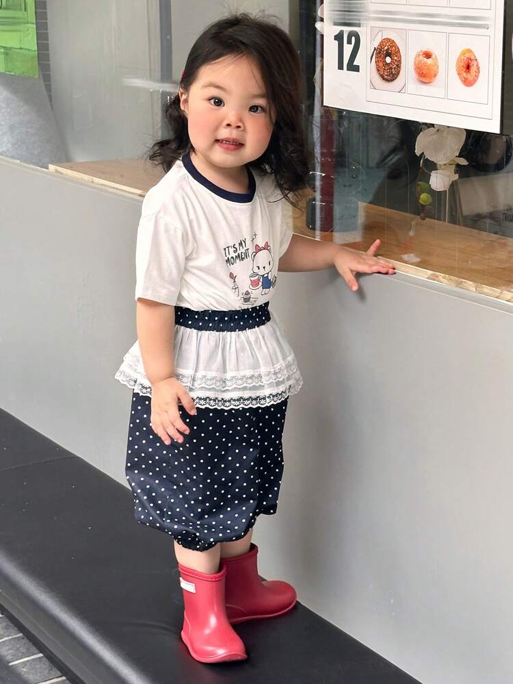 2pcs Baby Girls Cartoon Print Short Sleeve T-Shirt & Casual Mesh Patchwork Long Pants Set Toddler Girls Clothes