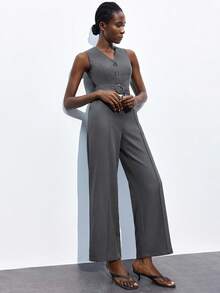 Maija 2026 Spring/Summer New Gray V-Neck Half-Zip Front Resin Button Sleeveless Adjustable Waist Belt Side Pockets Jumpsuit, Chic & Elegant For Party, Urban Commute - Grey - View 4