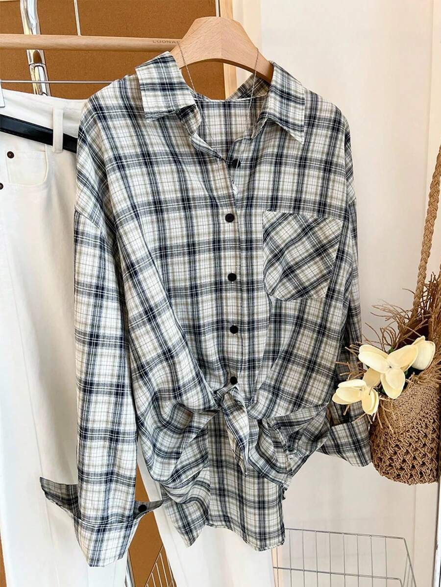 SHEIN 女式格子落肩长袖单排扣口袋休闲衬衫 - 彩色 - 查看 1