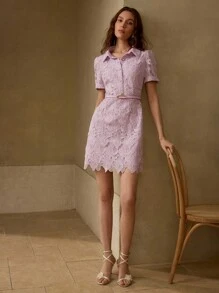 MOTF PREMIUM GUIPURE LACE OVERLAY PUFF SLEEVE BELTED SHORT SHIRT DRESS - Purple - View 1
