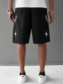 Manfinity LEGND 男士街头时尚休闲刺绣黑色牛仔短裤，适合派对和郊游，Emo 风格 - 黑色 - 查看 2