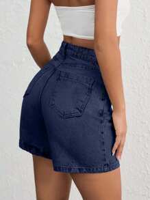 EURMUSE WOMEN VINTAGE WASH HIGH WAIST DENIM SHORT Y2K STYLE - Dark Wash - View 2