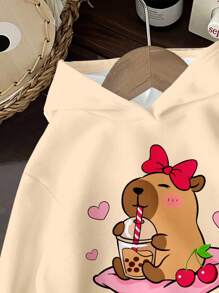 SHEIN 可爱的水豚图案，奶油色和米色配色方案，年轻女孩休闲宽松圆领舒适日常穿着针织长袖运动衫，适合秋冬季